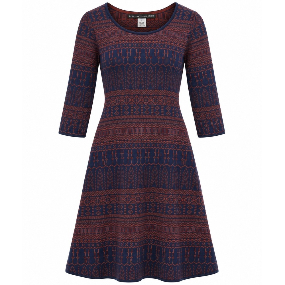 Peruvian Connection Women S Pima Cotton Knit Dress Navy Rust Geometric Midi Boho
